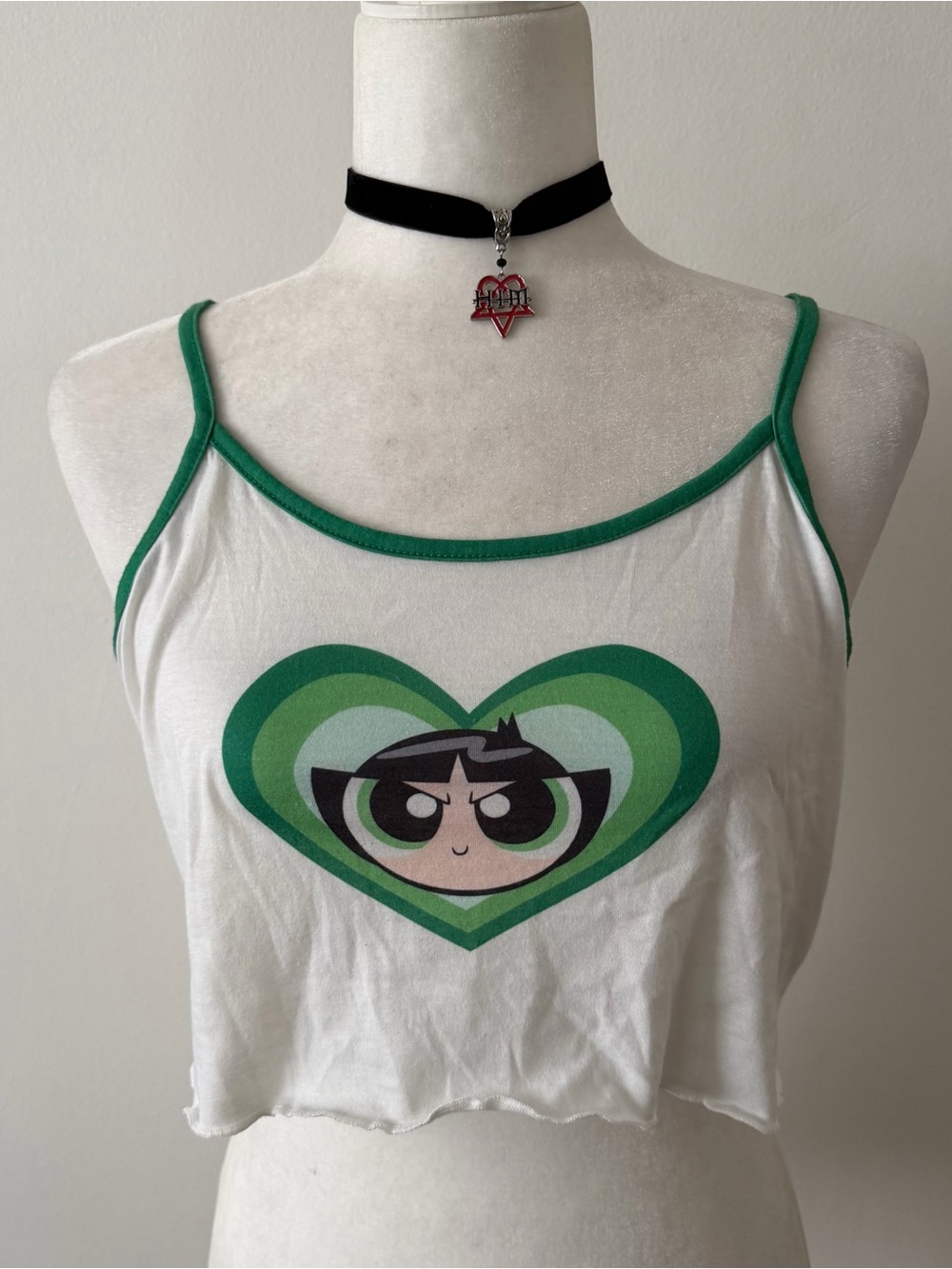 Powerpuff Girls Buttercup White & Green Cropped Tank Top
